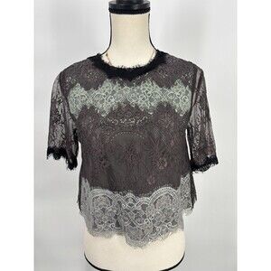 Vintage Style Black Gray Lace Crop Top Blouse Short Sleeve Back Zip Sheer Size 0